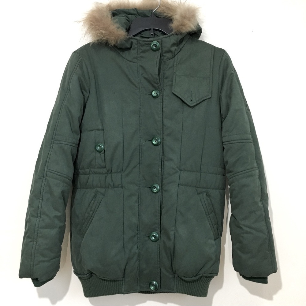 Women's Green Puffer Jacket with Faux Fur Trim